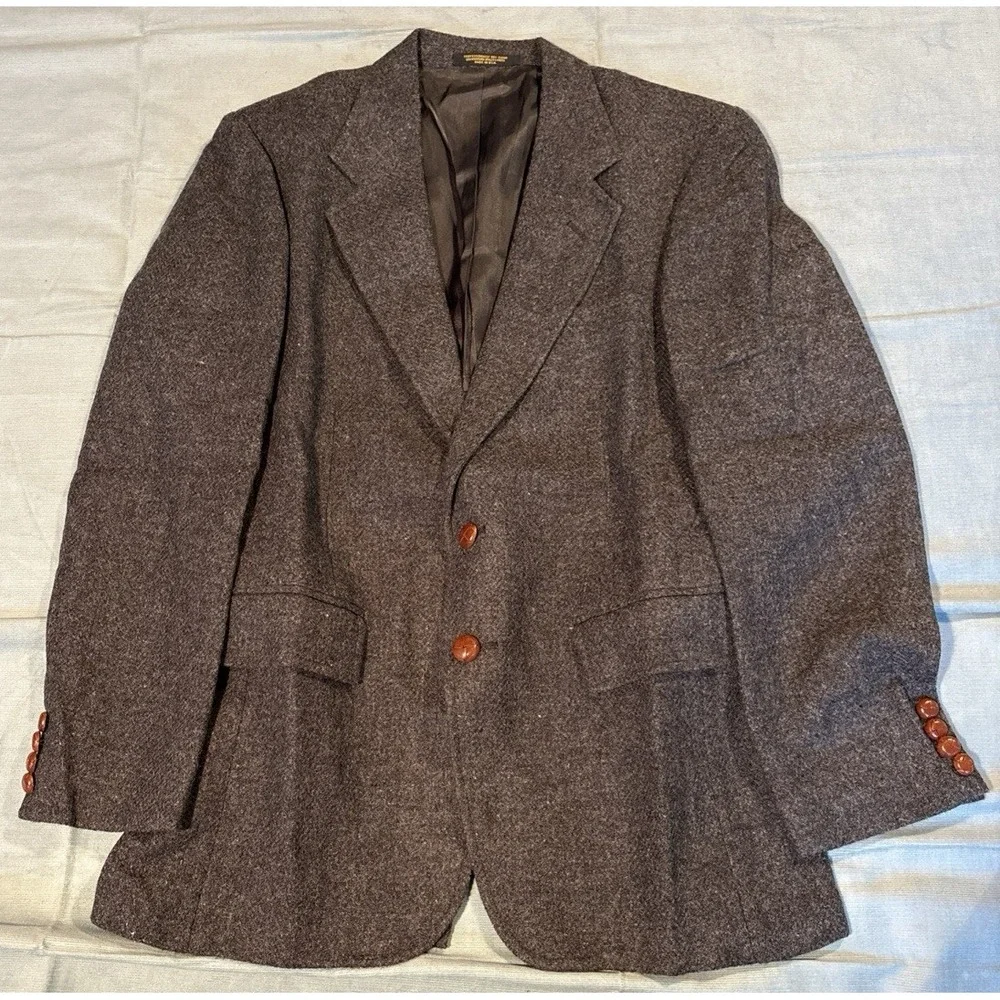 Austin Hill Mens Brown Wool Tweed Blazer Sport Coat Leather Buttons Made in USA